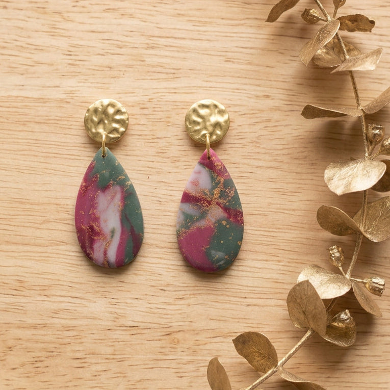Dangle Earrings in Faux Green and Pink Marble
