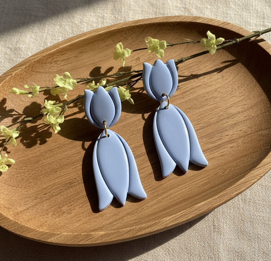 Tulips Dangles in Blue with Walnut Wood Stud