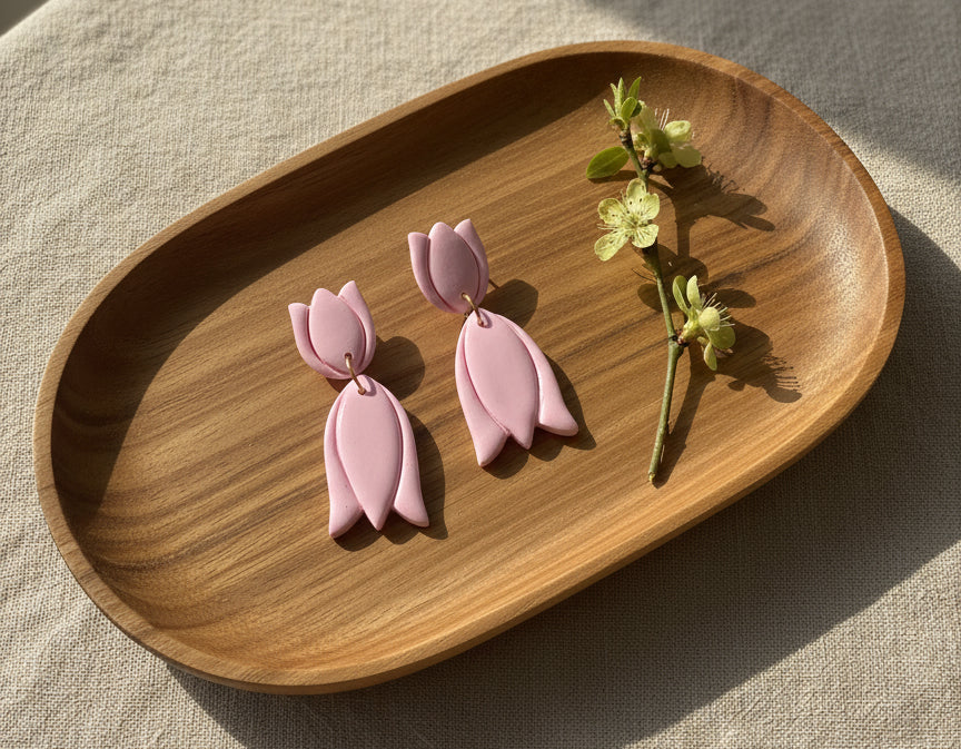 Tulips Dangles in Pink with Walnut Wood Stud