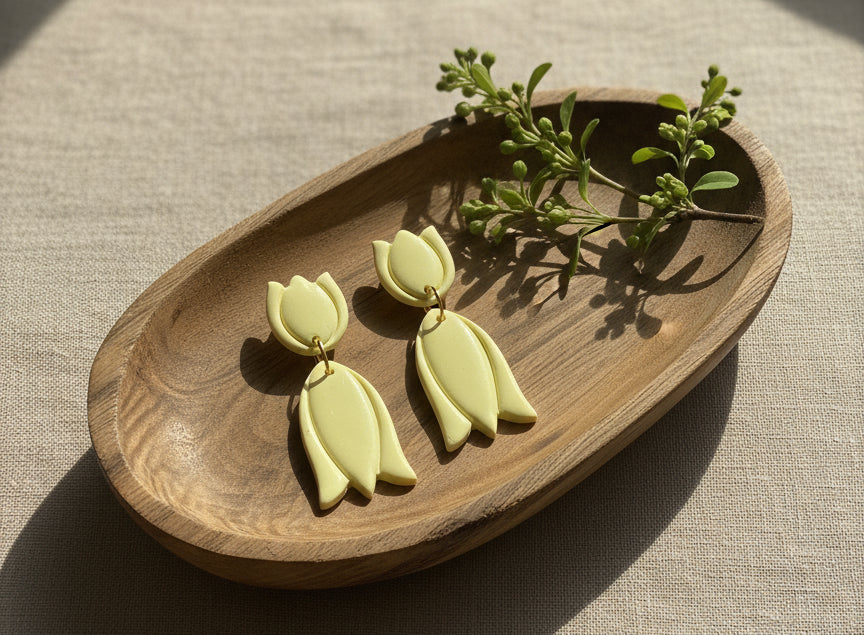 Tulips Dangles in Yellow with Walnut Wood Stud