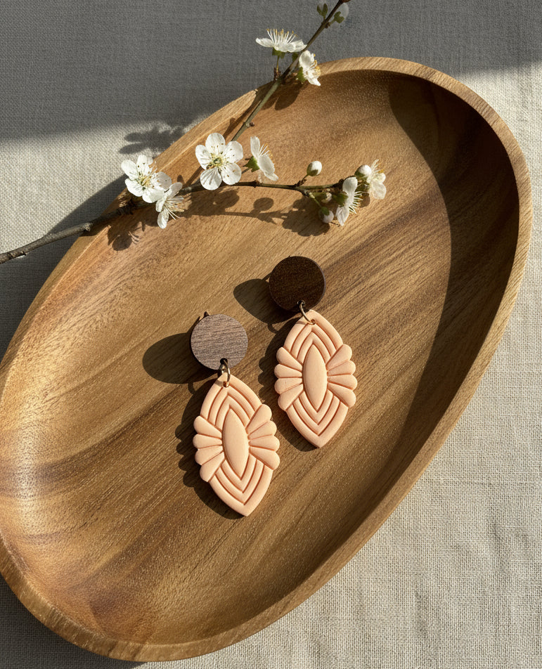 Silvia Dangles in Peach with Walnut Wood Stud