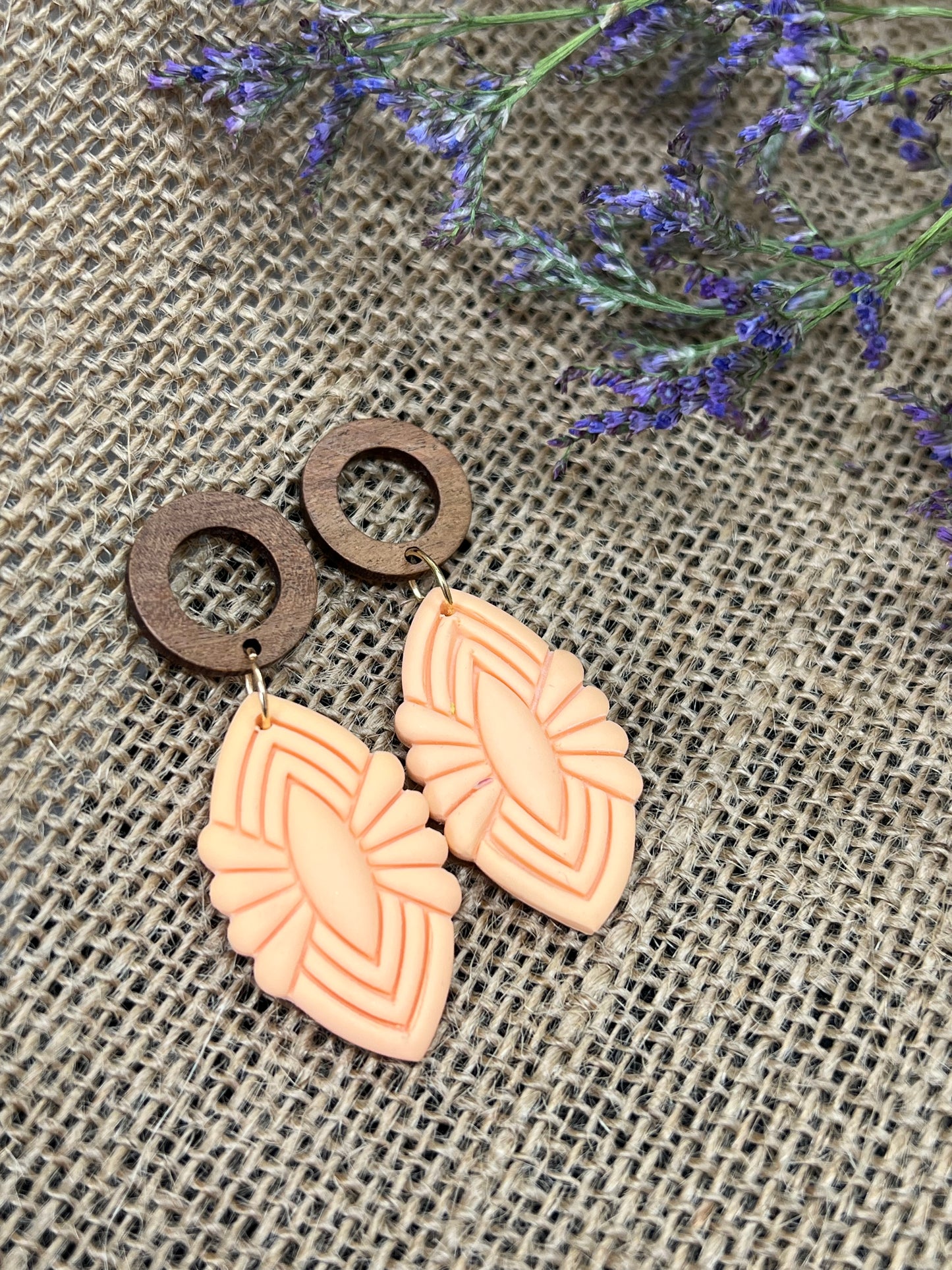 Silvia Dangles in Peach with Walnut Wood Stud