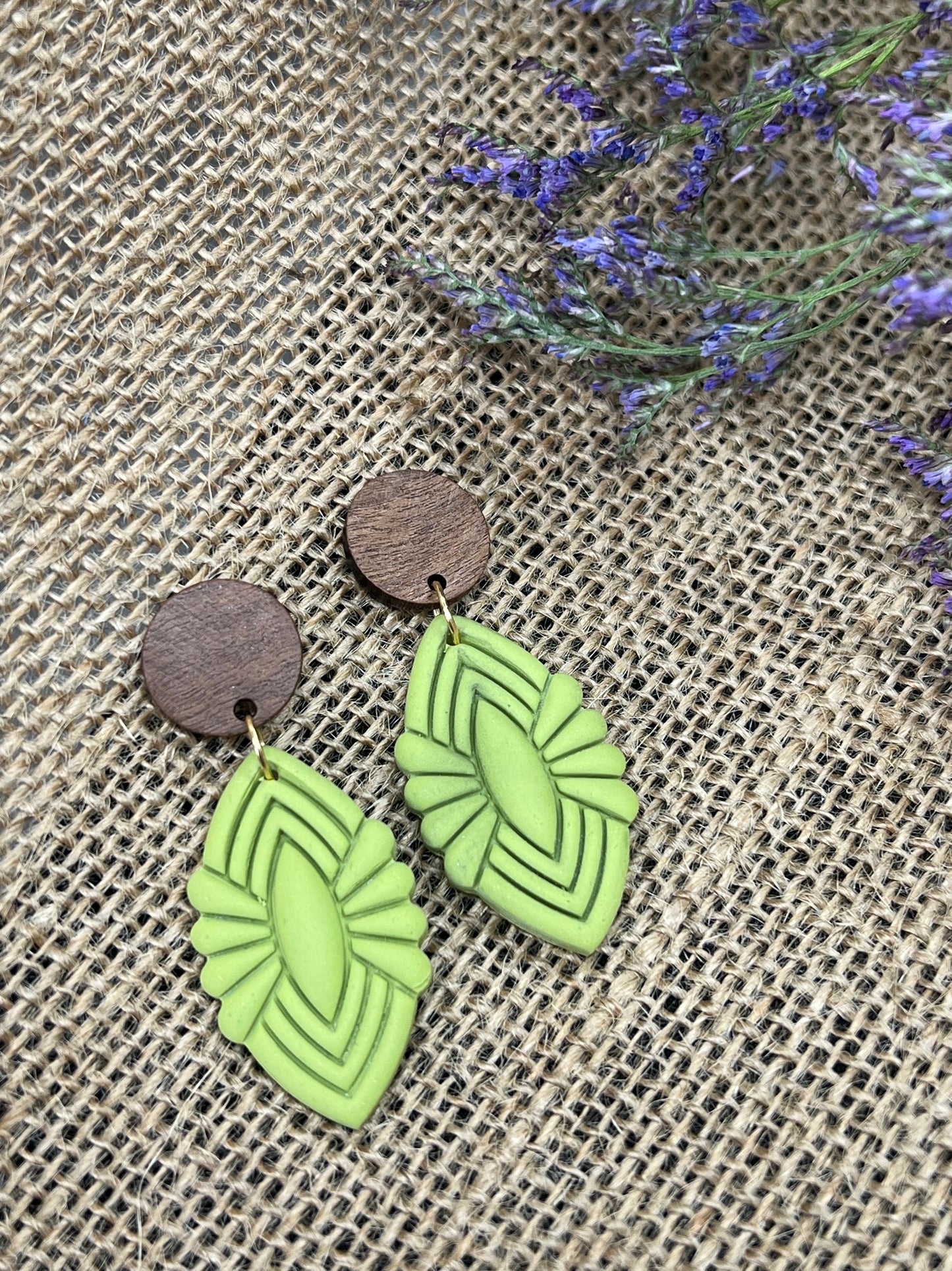 Silvia Dangles in Green with Walnut Wood Stud