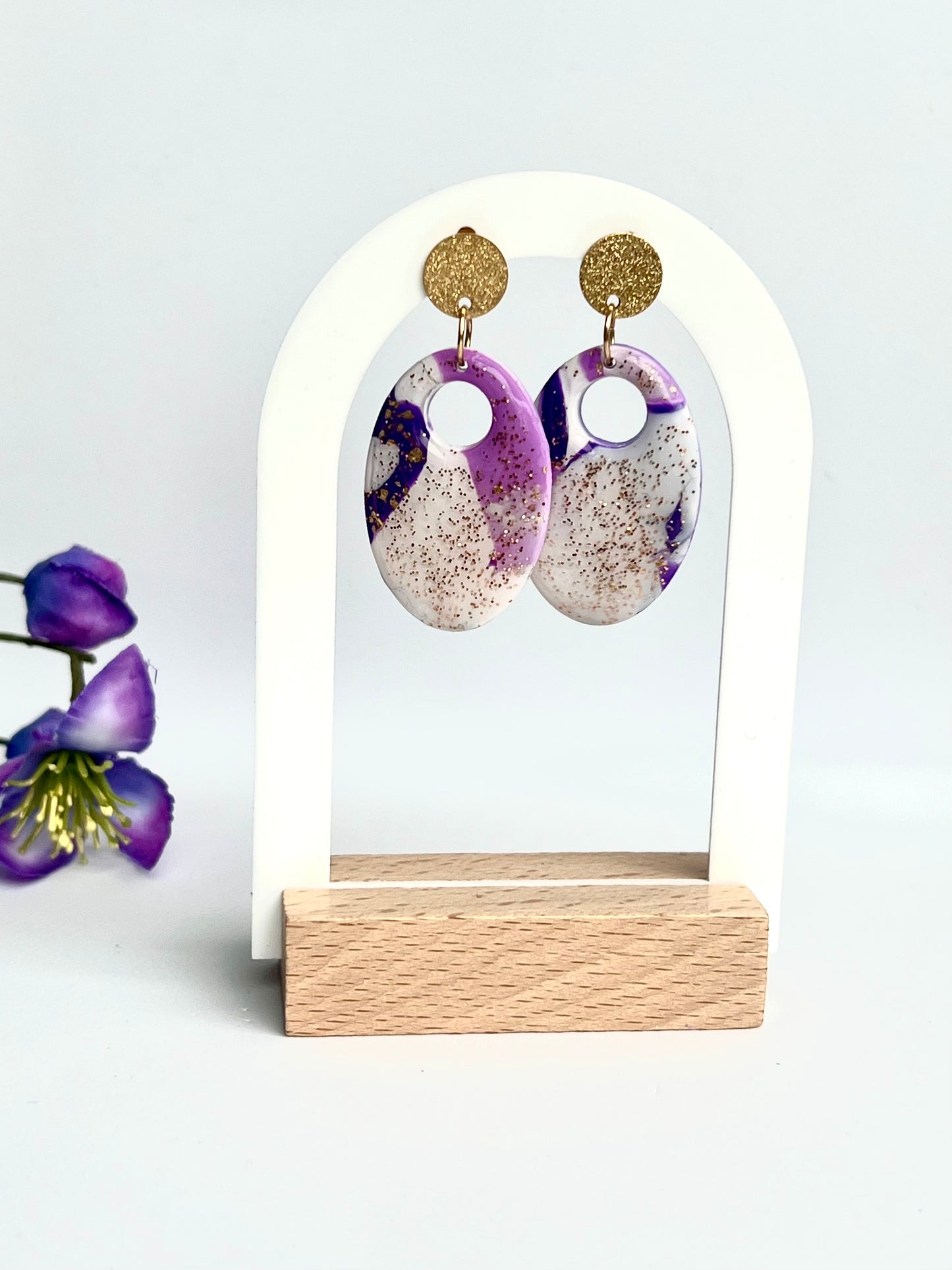 Faux Purple and White Marble Dangles with a Touch of Gold Glitter