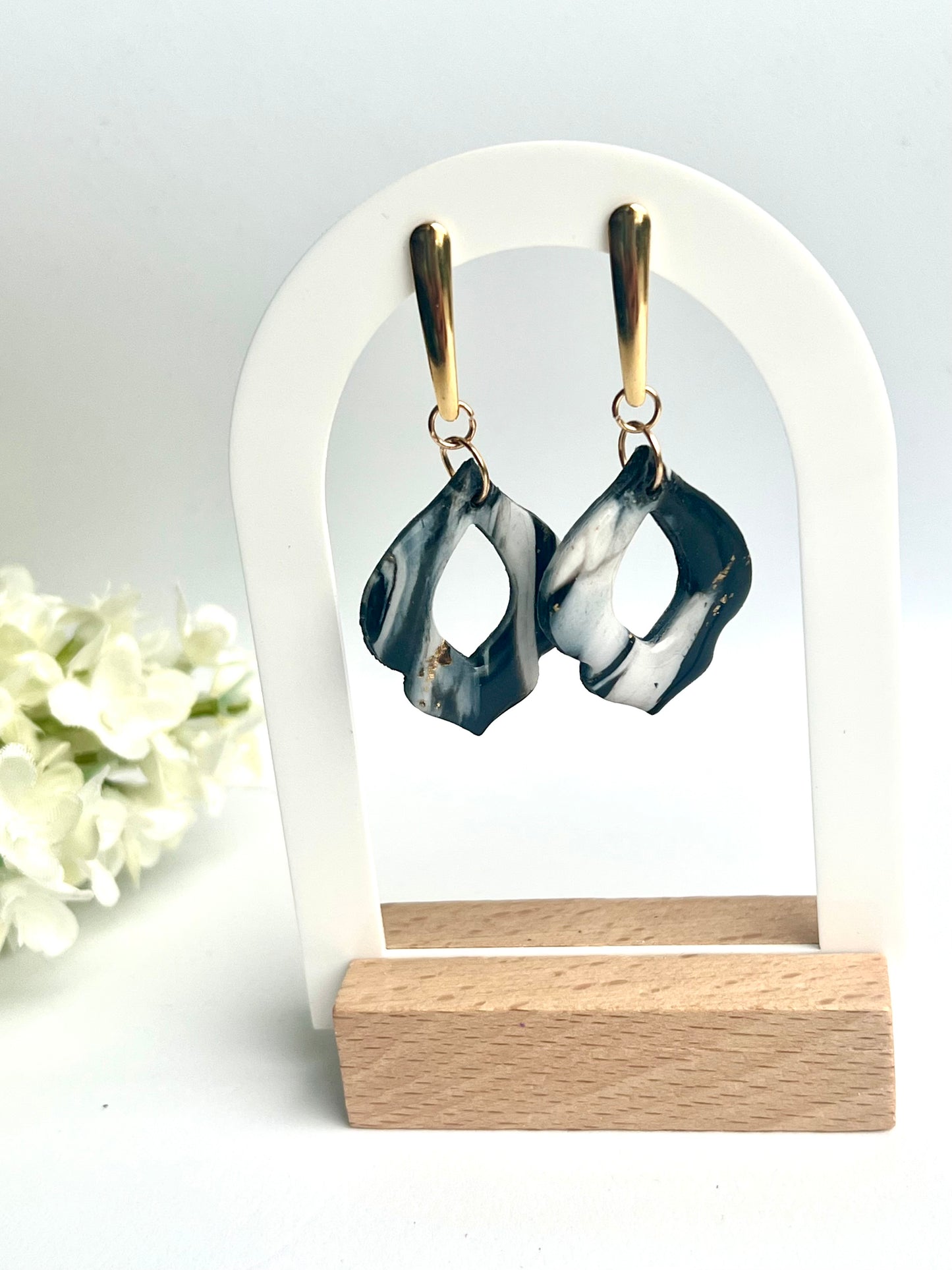 Faux Black and White Marble Dangles with a Touch of Gold Glitter