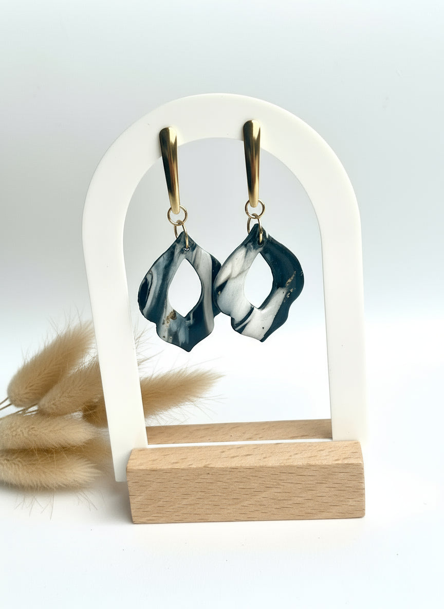 Faux Black and White Marble Dangles with a Touch of Gold Glitter