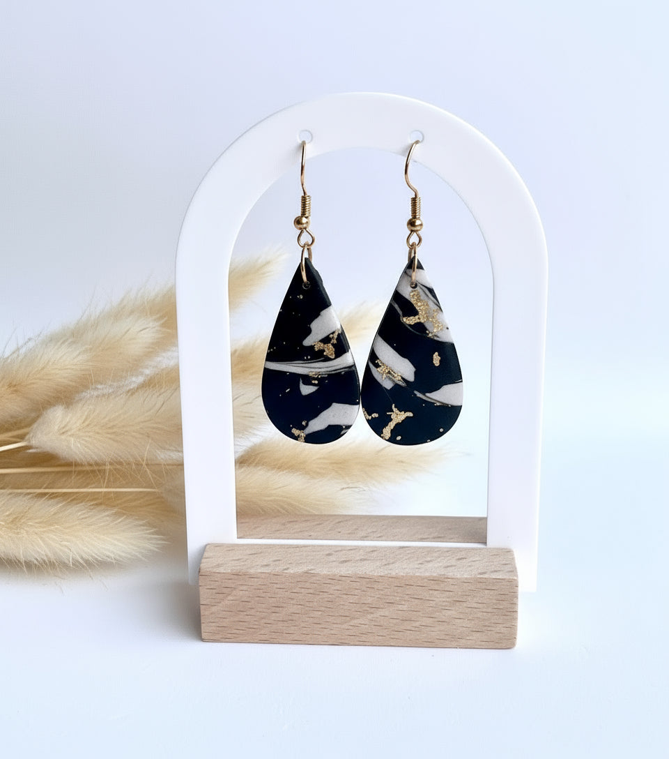 Faux Black and White Marble Dangles with a Touch of Gold Glitter
