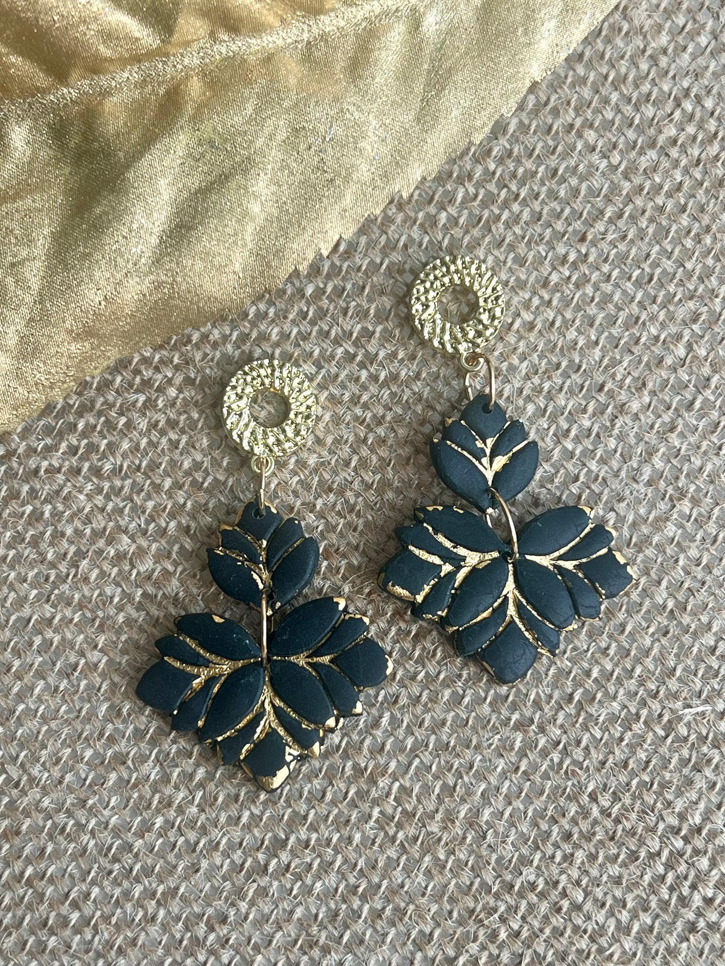 Black Flowers Dangles with Melted Gold Details