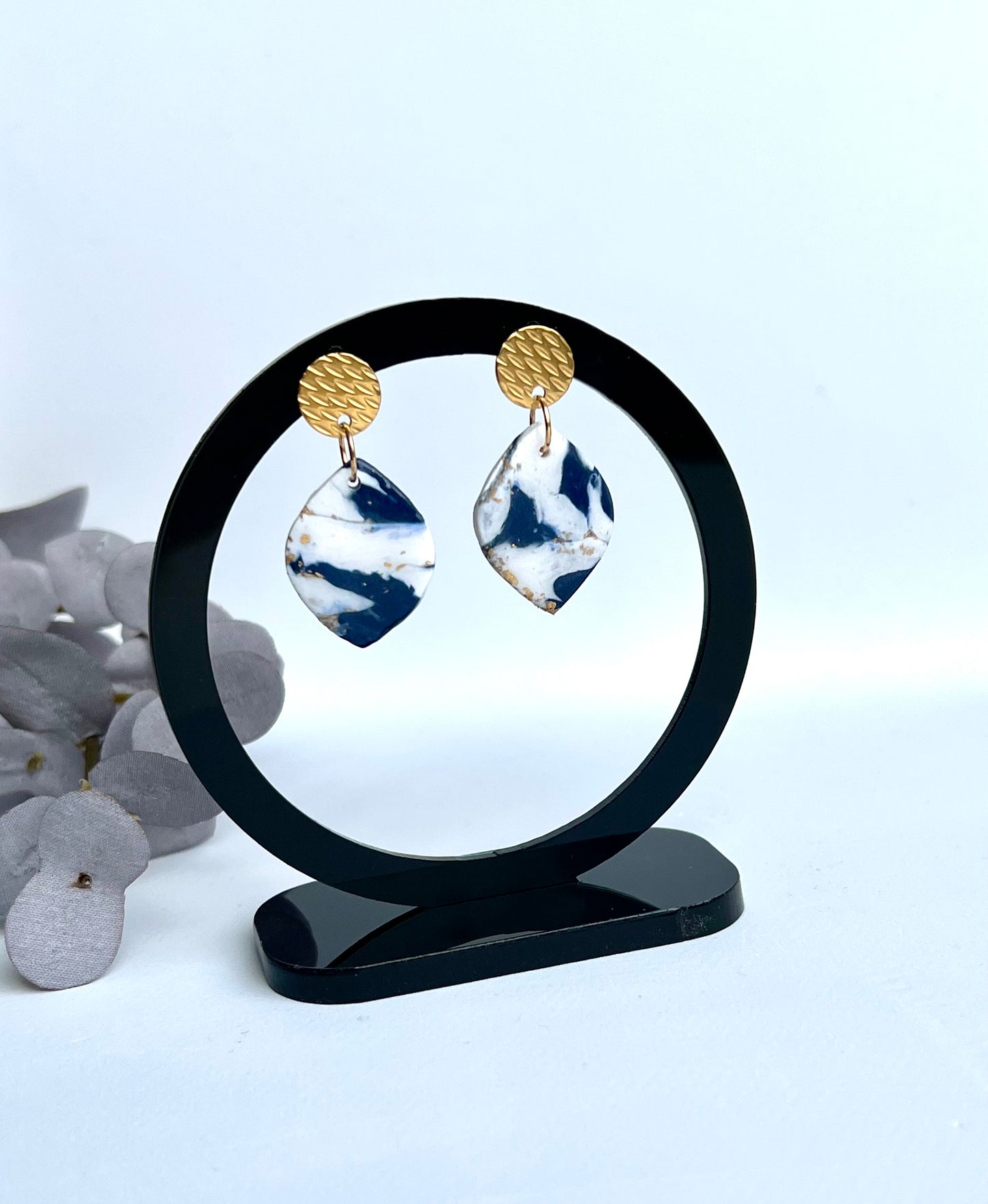 Faux Blue and White Marble Dangles with a Touch of Gold Glitter