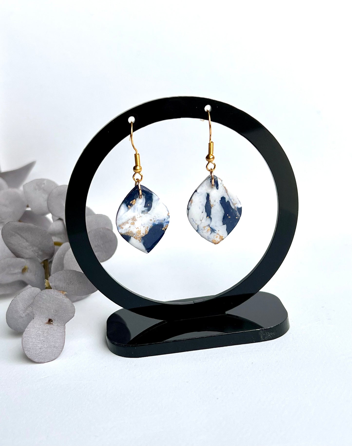 Faux Blue and White Marble Dangles with a Touch of Gold Glitter