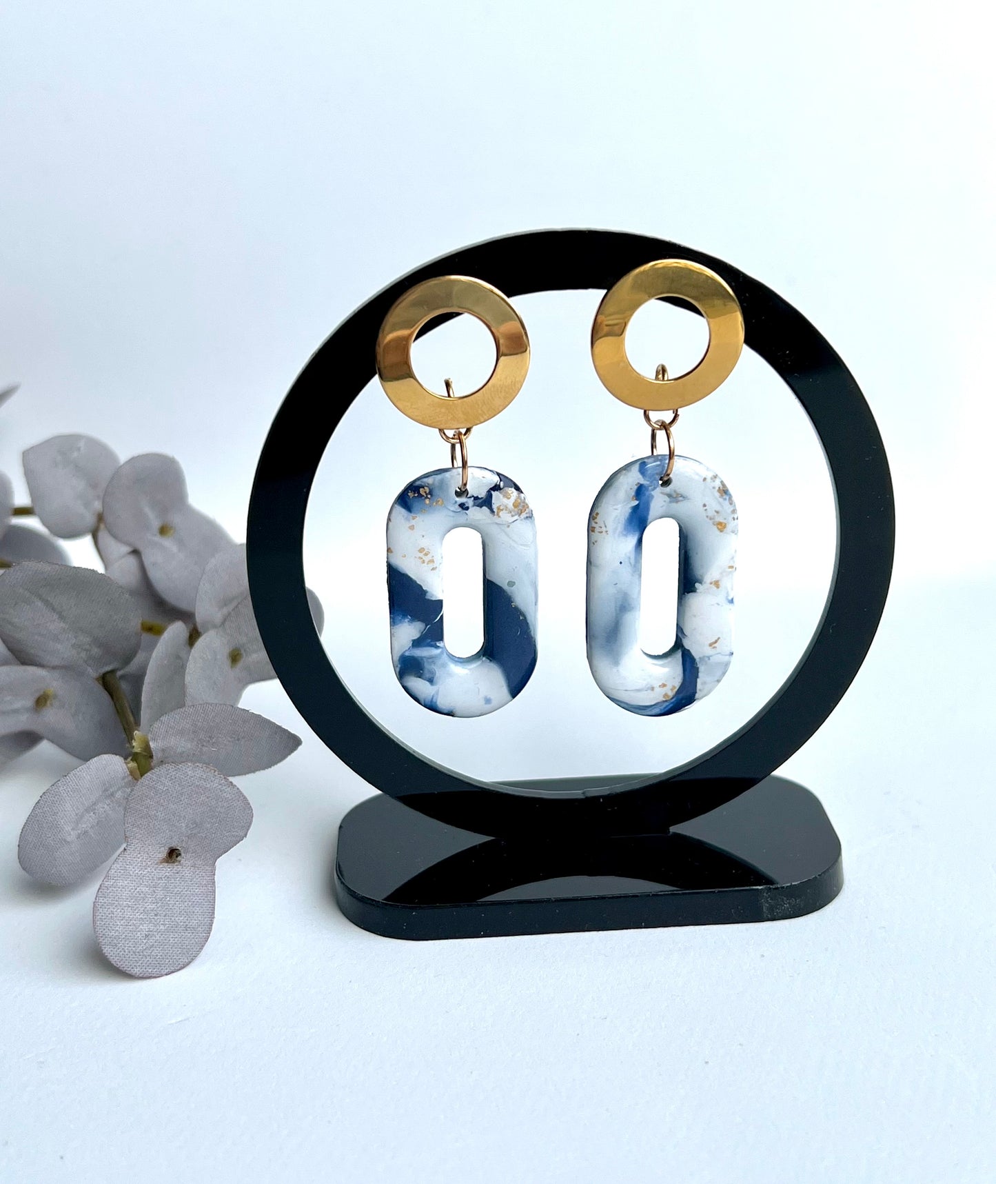 Faux Blue and White Marble Dangles with a Touch of Gold Glitter
