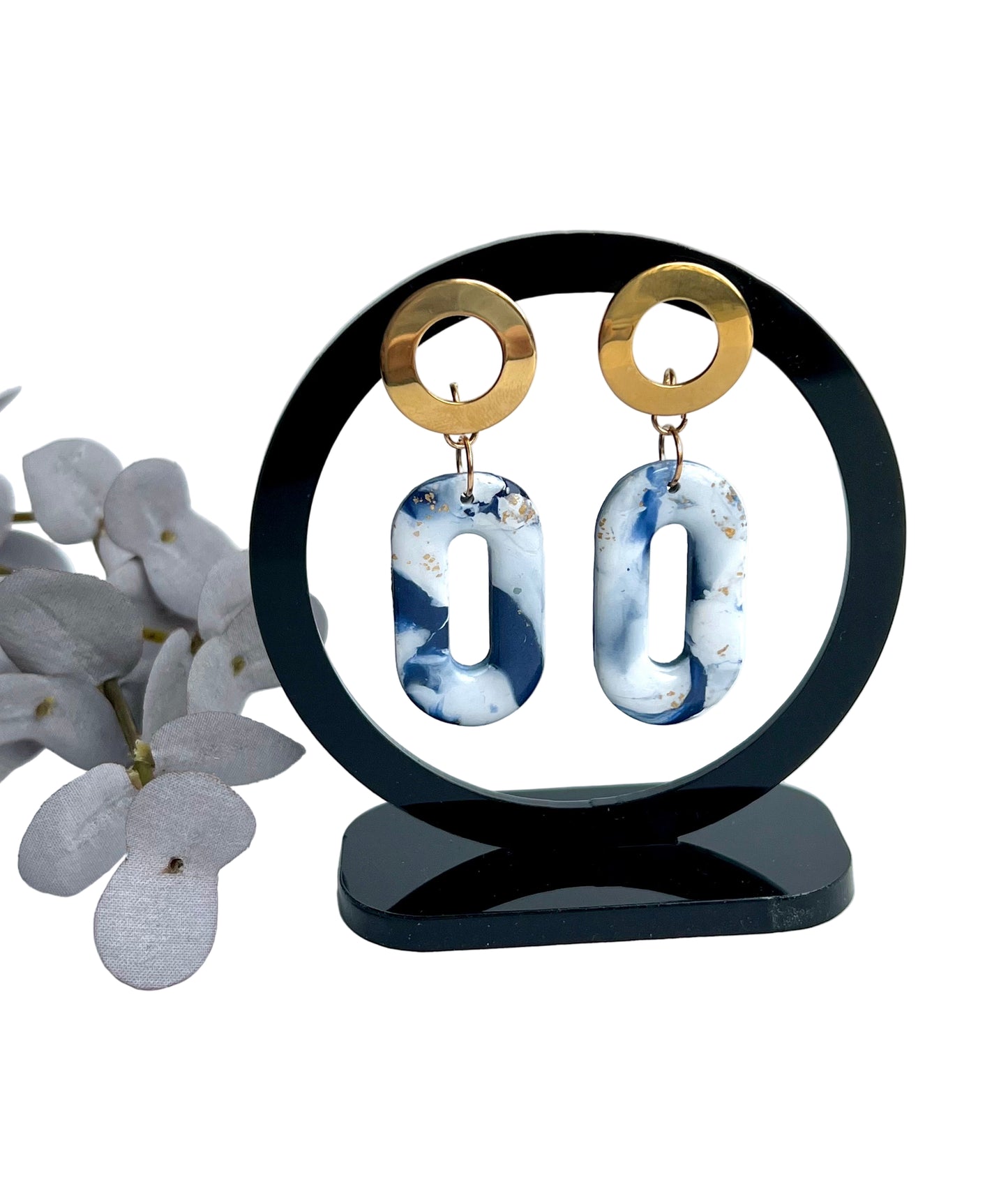 Faux Blue and White Marble Dangles with a Touch of Gold Glitter