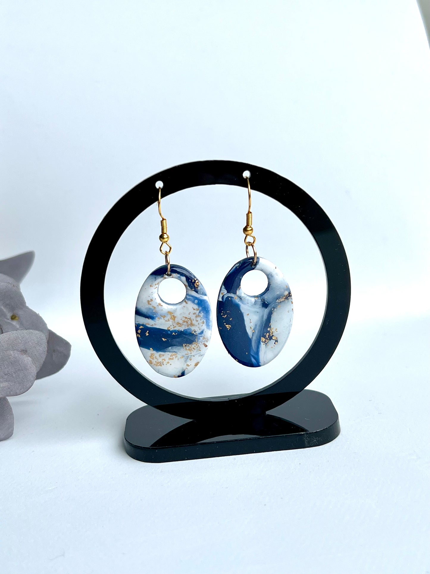 Faux Blue and White Marble Dangles with a Touch of Gold Glitter