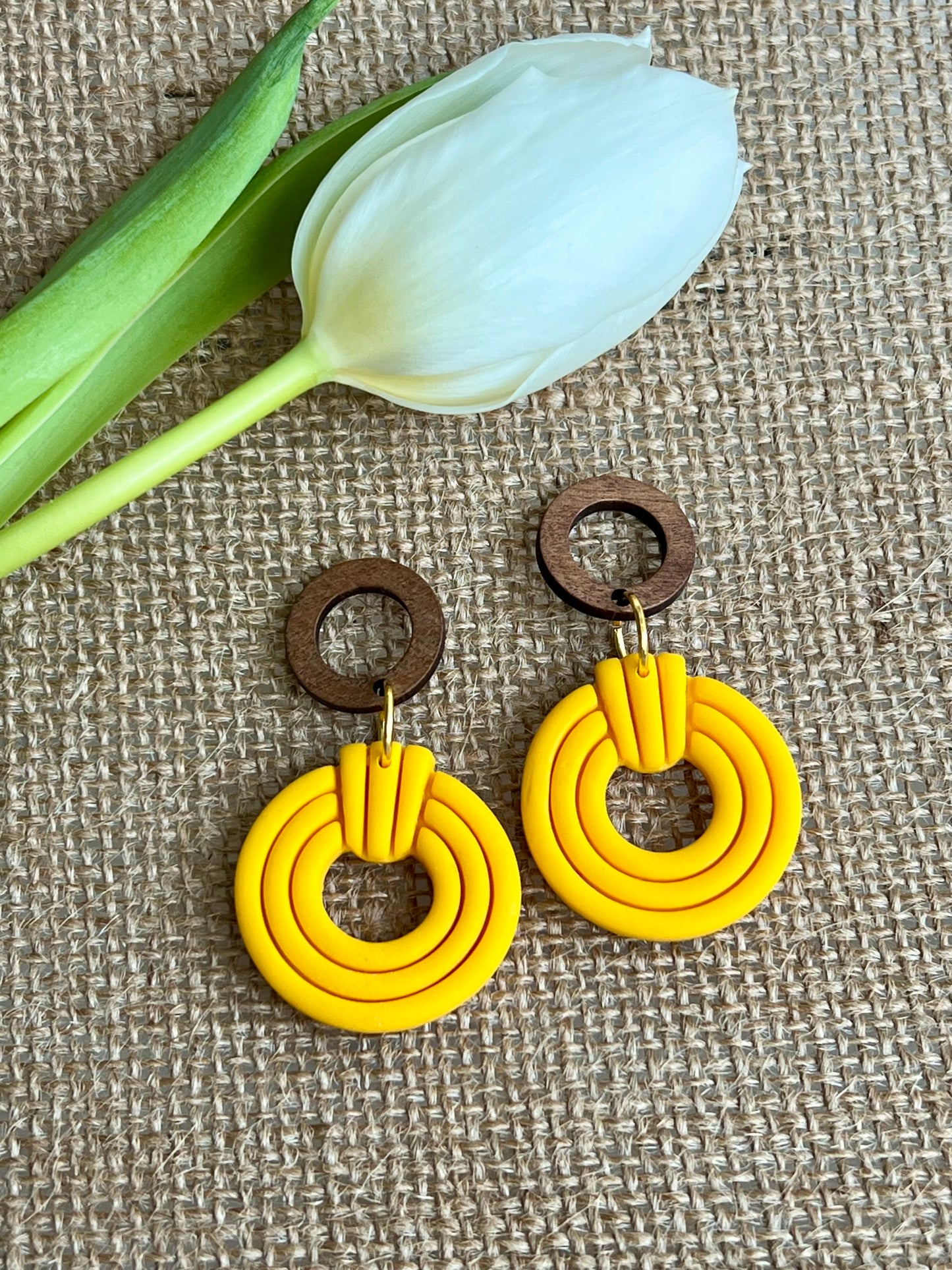 Silvia Dangles in Yellow with Walnut Wood Stud