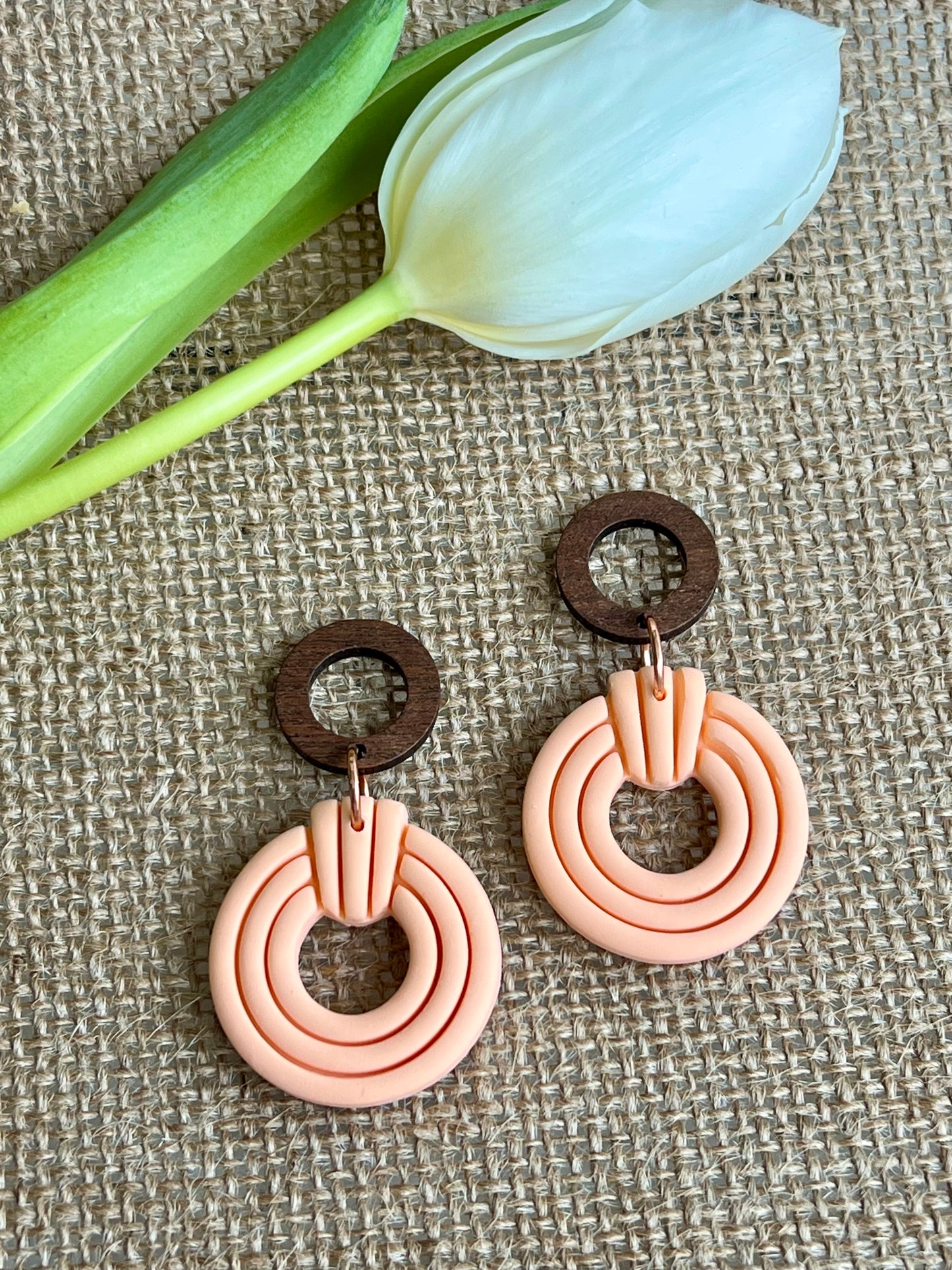 Silvia Dangles in Peach with Walnut Wood Stud