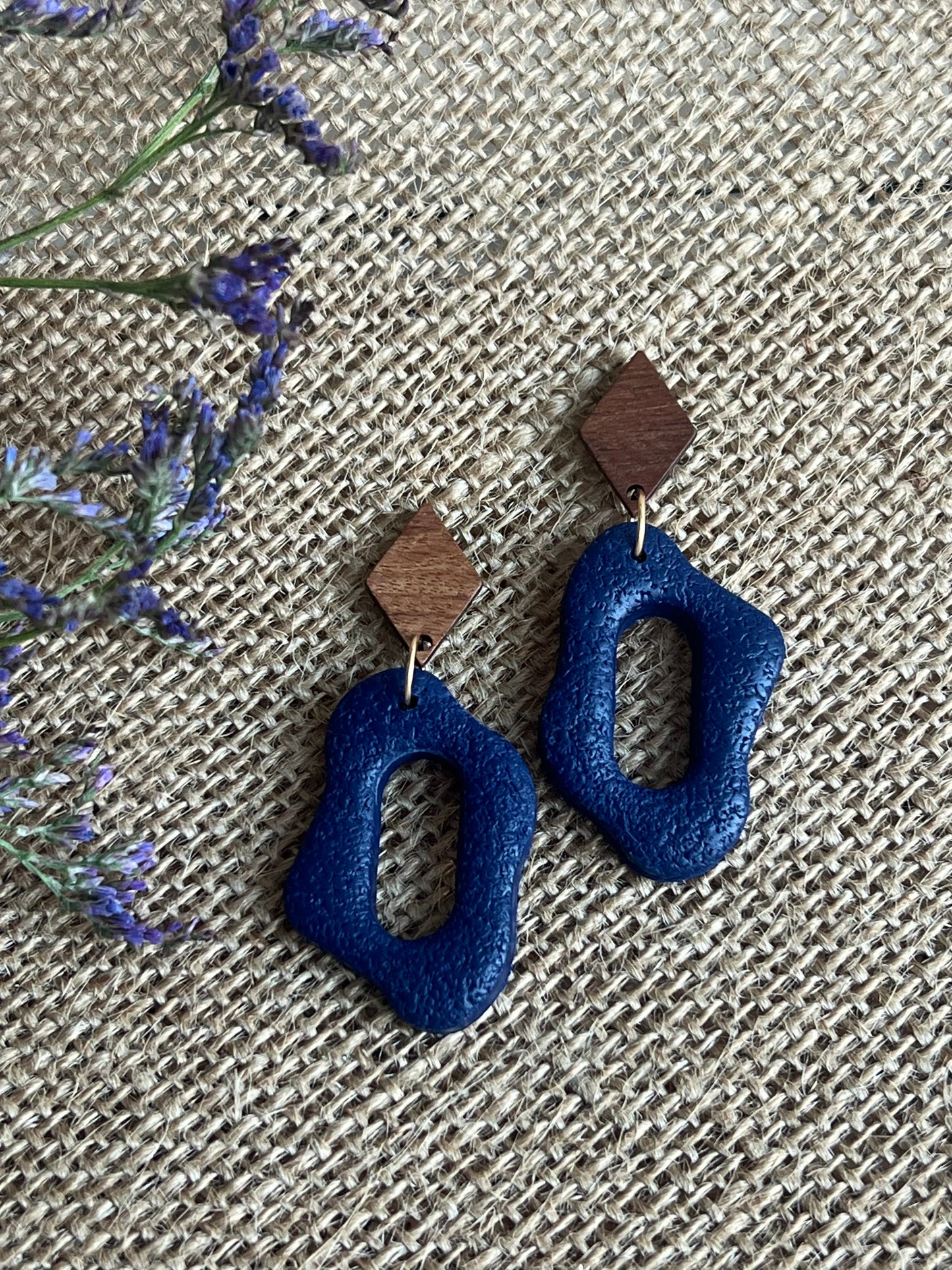 Silvia Dangles in Navy Blue with Walnut Wood Stud