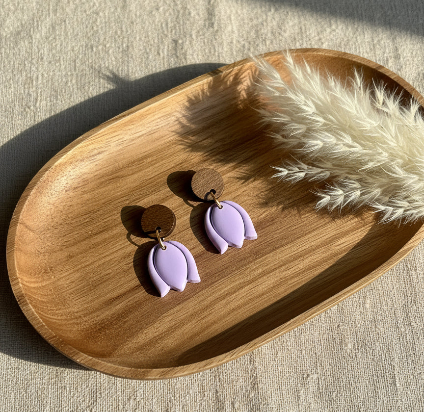 Tulips Dangles in Lavender Blue with Walnut Wood Stud
