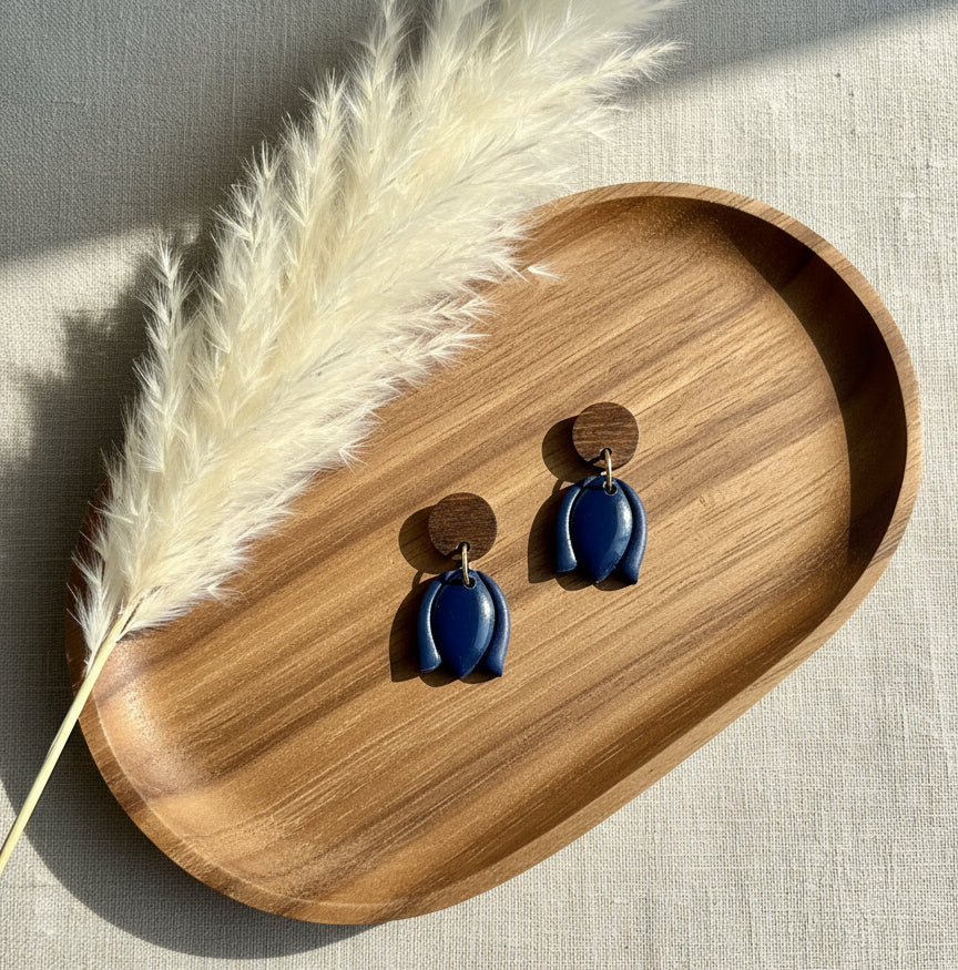 Tulips Dangles in Navy Blue with Walnut Wood Stud