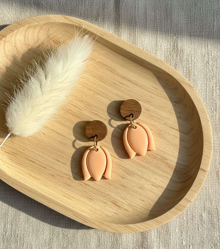 Tulips Dangles in Peach with Walnut Wood Stud
