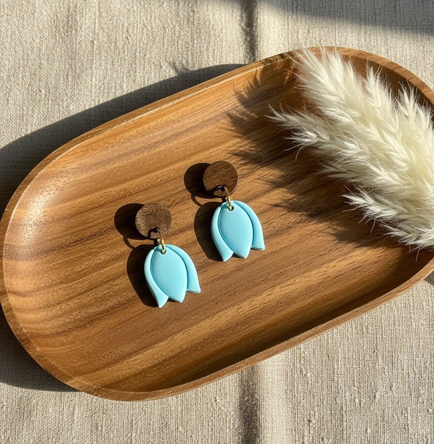 Tulips Dangles in Baby Blue with Walnut Wood Stud