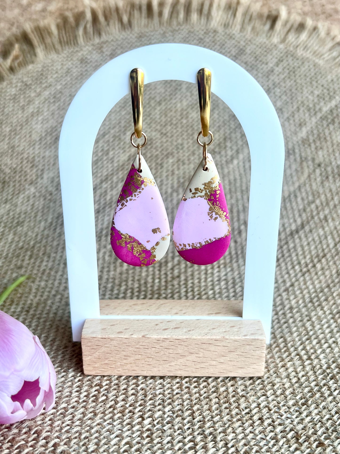 Faux Pink Marble Dangles with a Touch of Gold Glitter