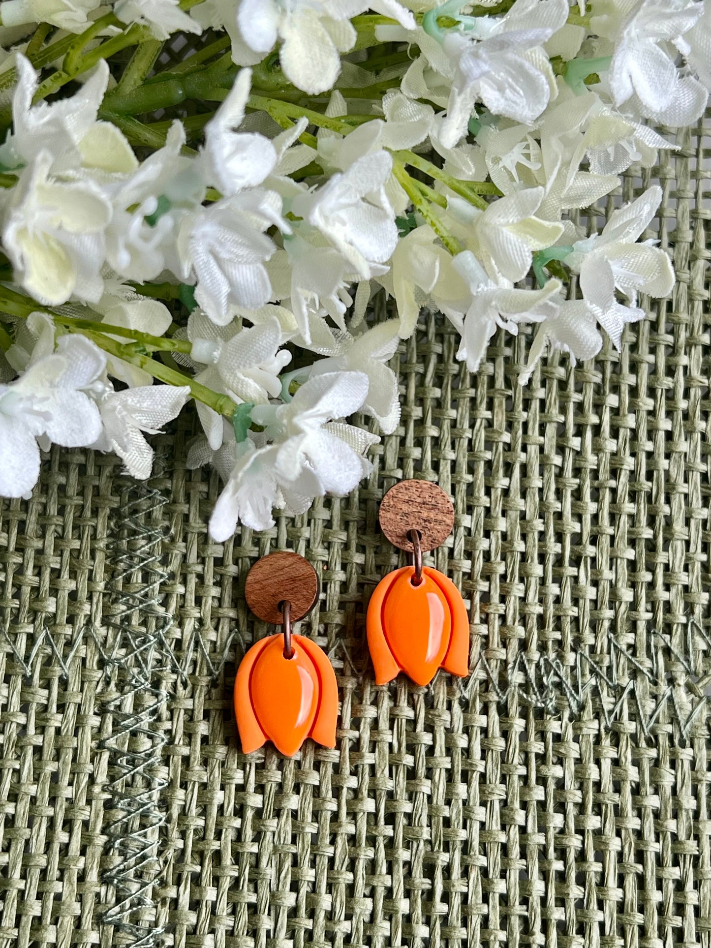 Orange Tulip Dangles with Walnut Wood Studs
