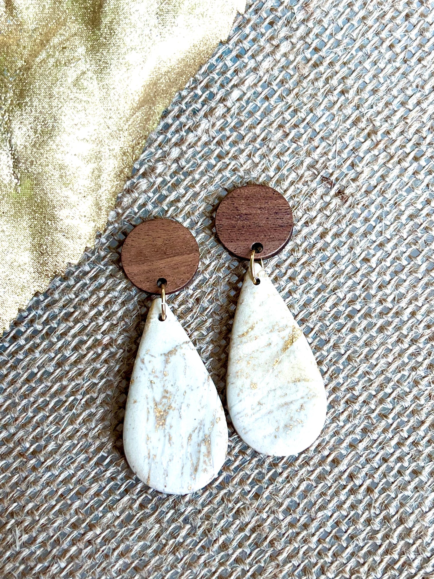 Faux Marble Dangles in Beige Gold with Walnut Wood Studs