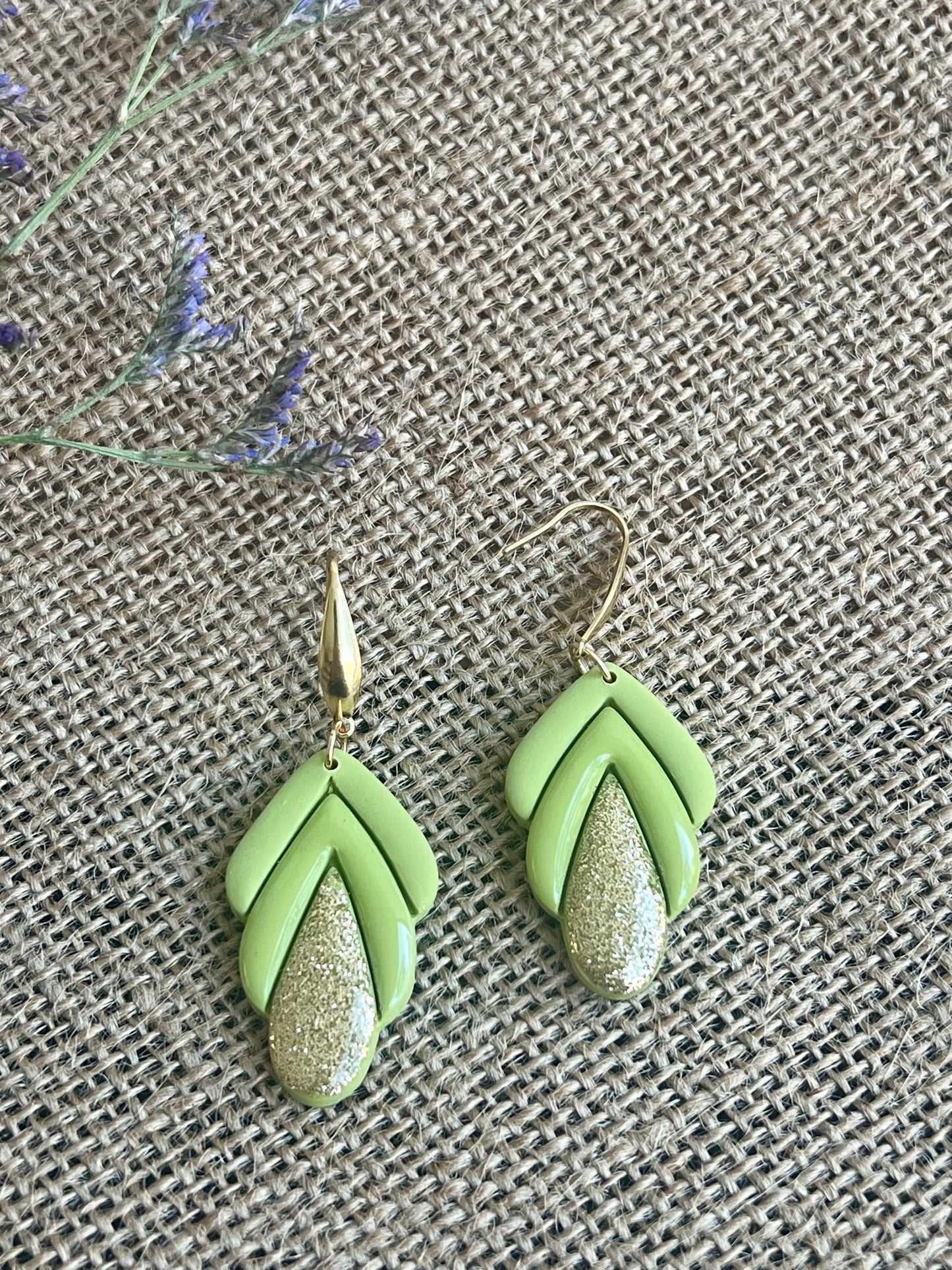 Spring Dangles in Olive Green Color with a Touch of Glitter