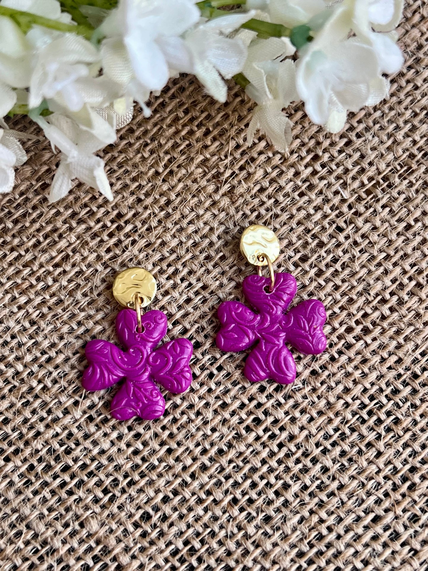 Textured Clovers Dangles in Plum Color