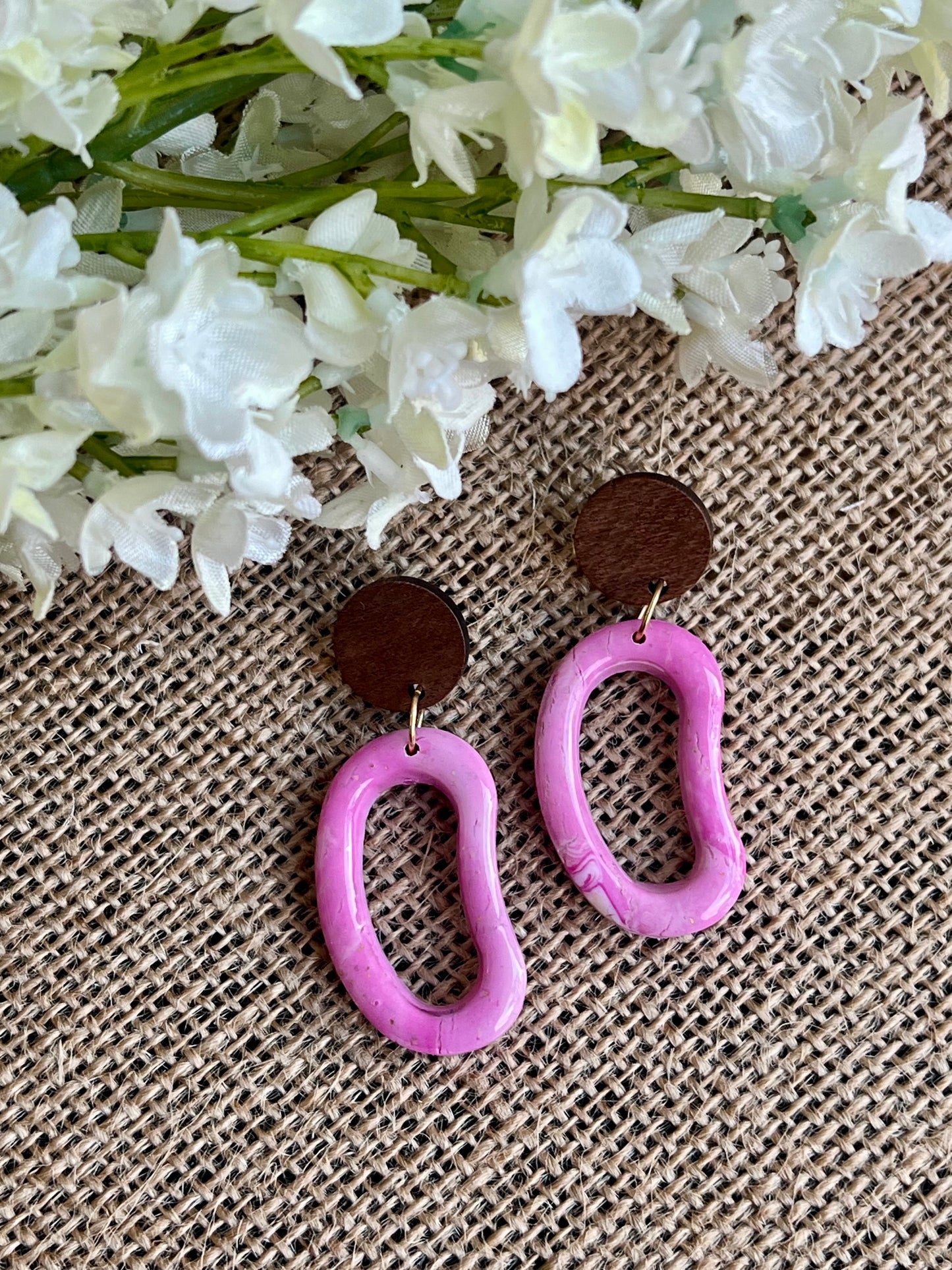 Glossy Pink Dangles with Walnut Wood Studs