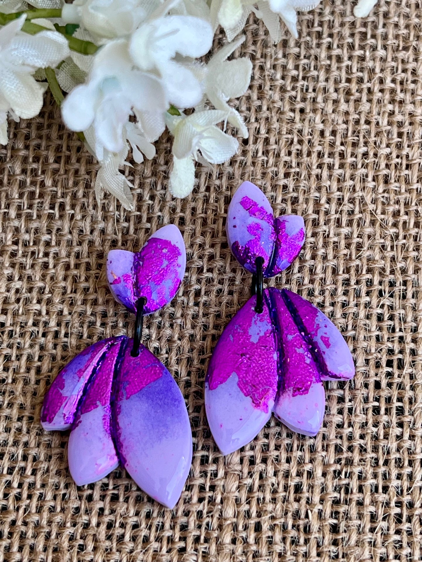 Dangle Earrings in Purple with Purple Leaf effects