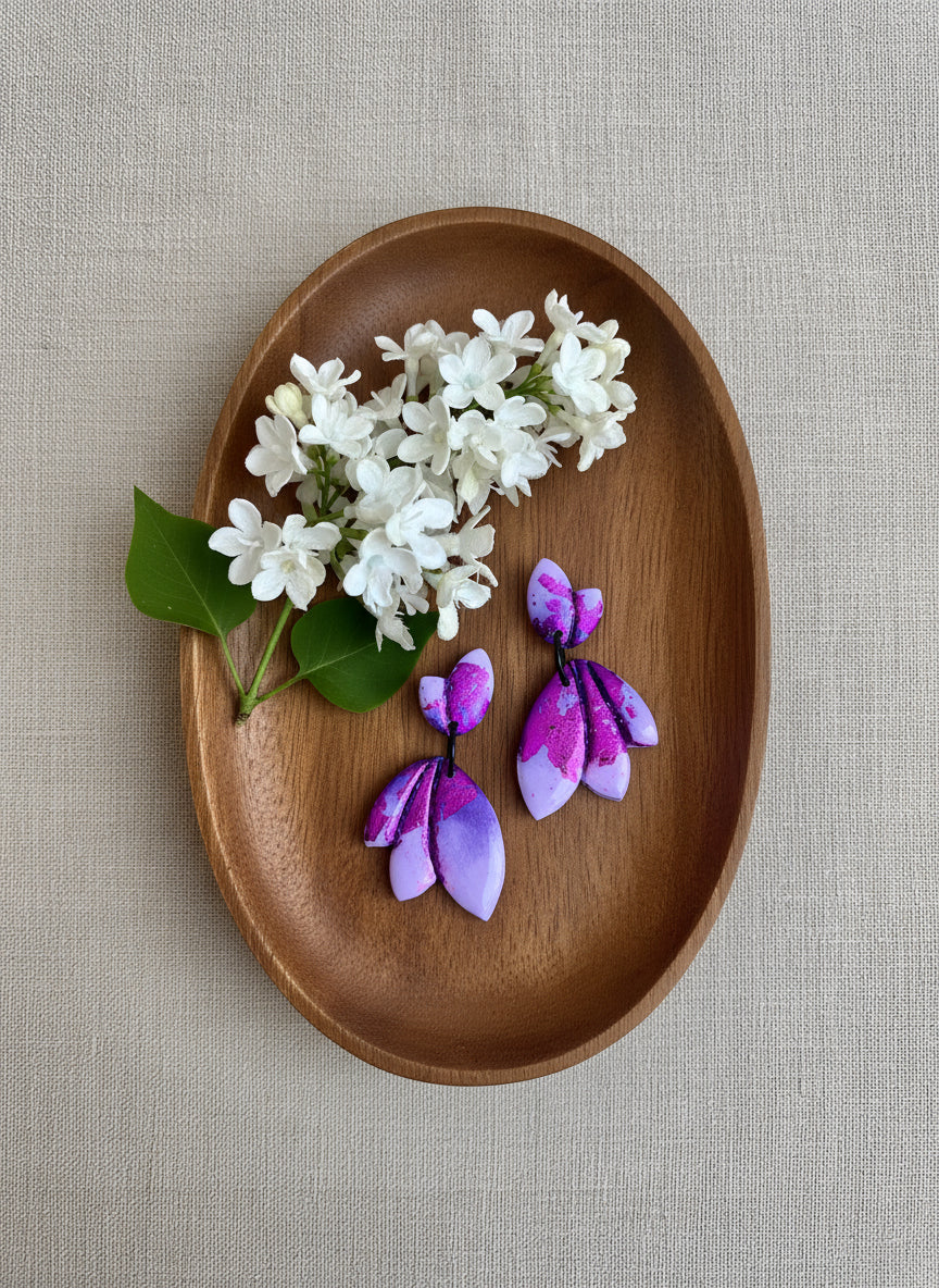 Dangle Earrings in Purple with Purple Leaf effects