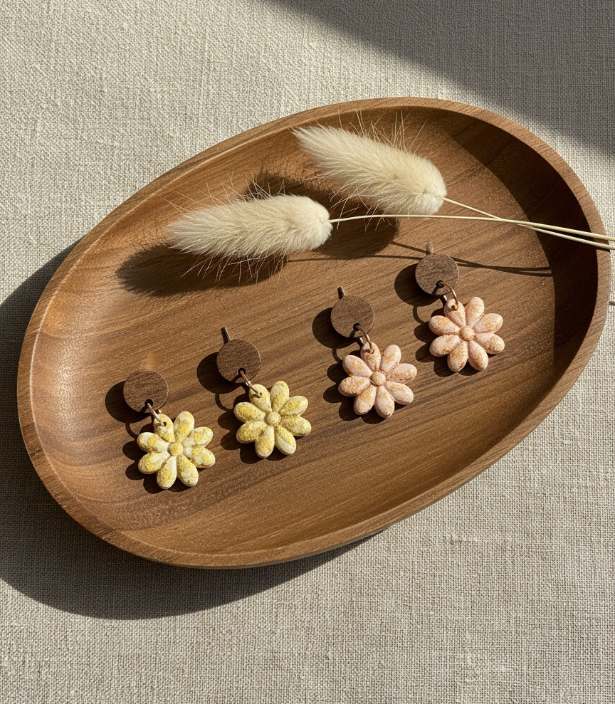 Daisy Flower Dangle Earrings Set with a Touch of Gold and Copper