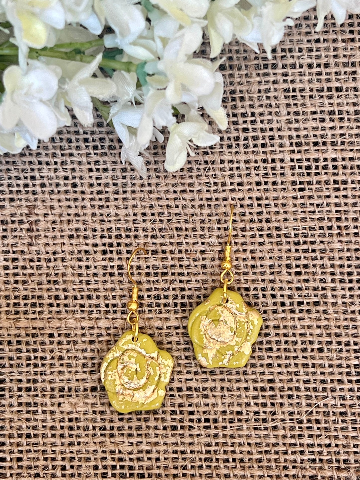 Floral Dangle Earrings in Olive Green with a Touch Gold