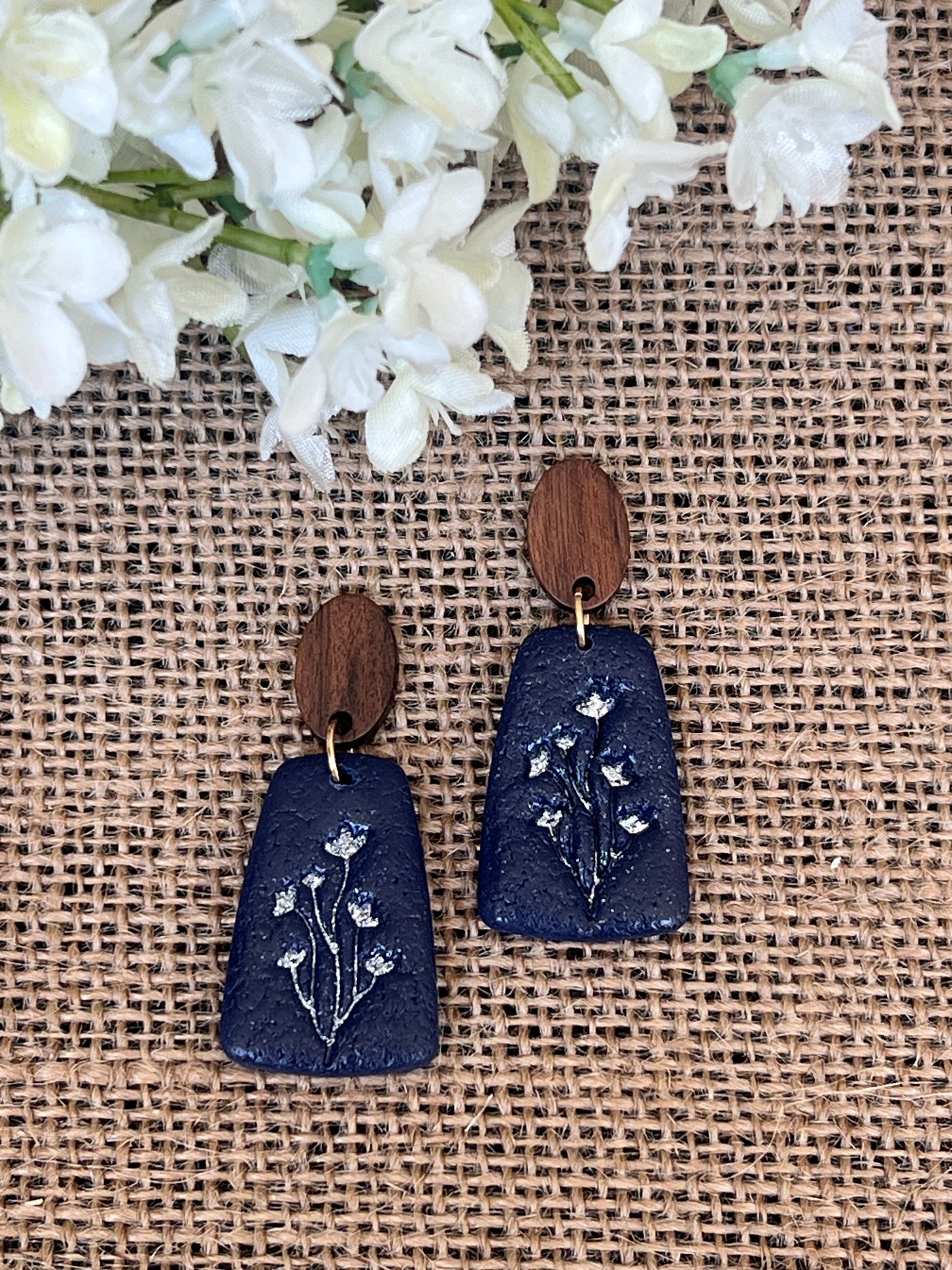 Dangle Earrings in Navy Blue with Pressed Leaf Effect