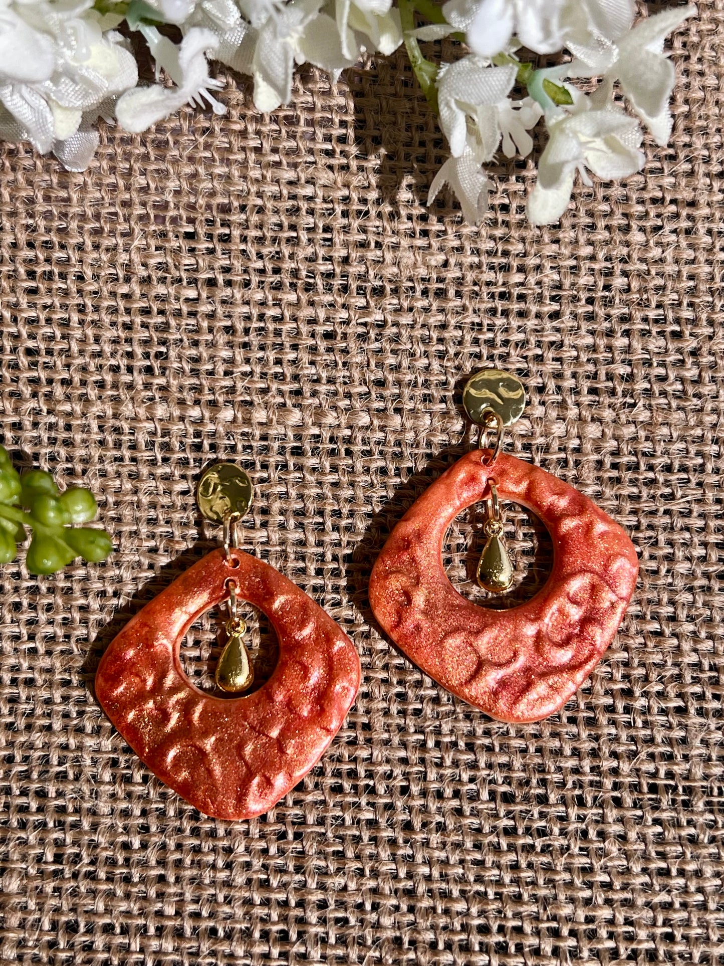 Dark Orange Dangle Earrings with Copper Effect