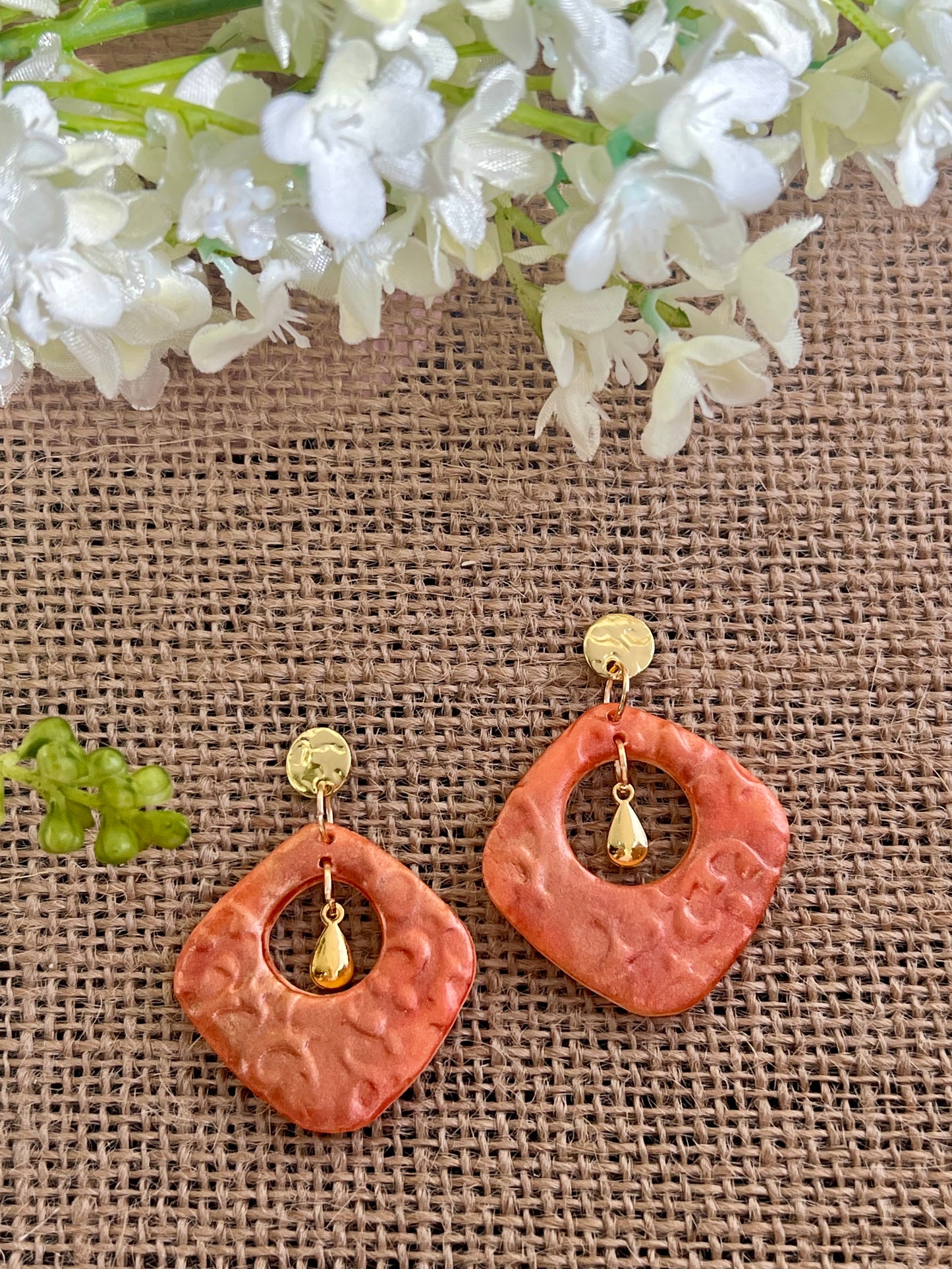 Dark Orange Dangle Earrings with Copper Effect