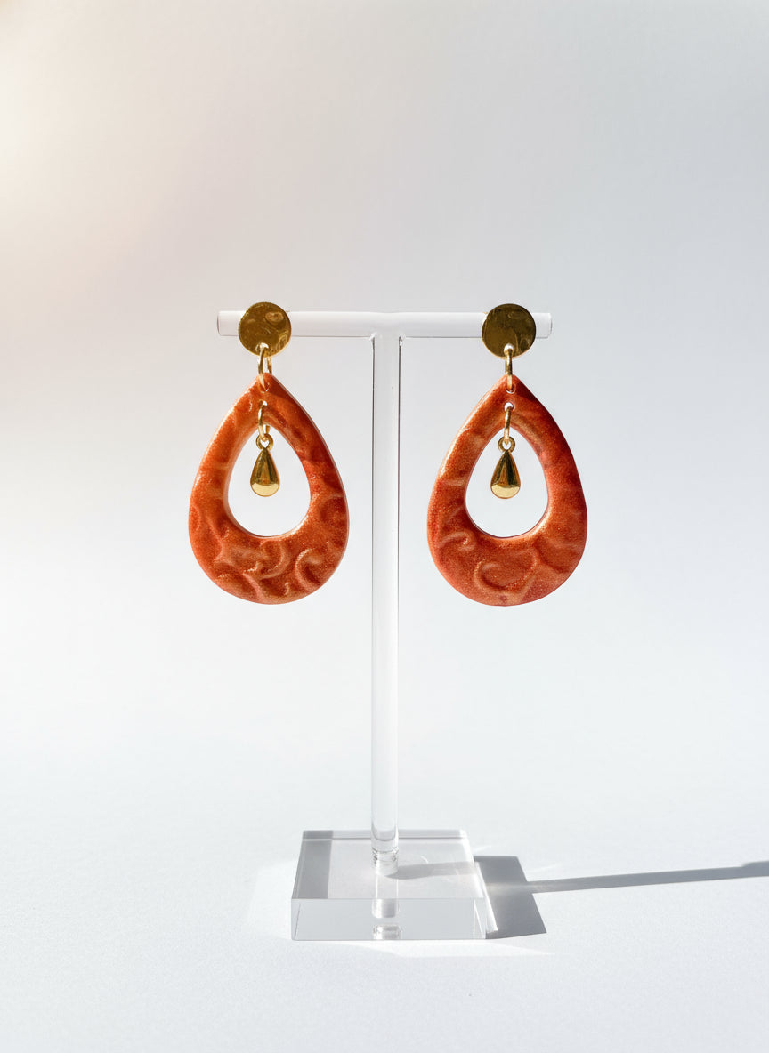 Dark Orange Teardrops Earrings with Copper Effet
