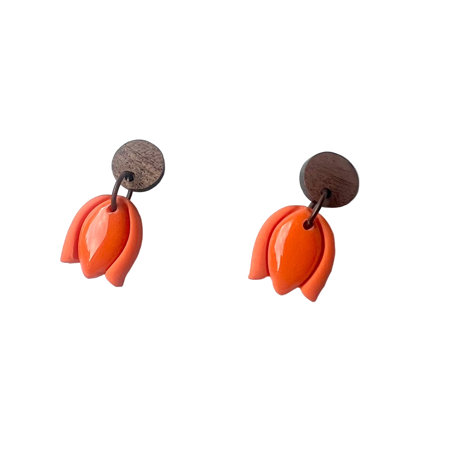 Orange Tulip Dangles with Walnut Wood Studs