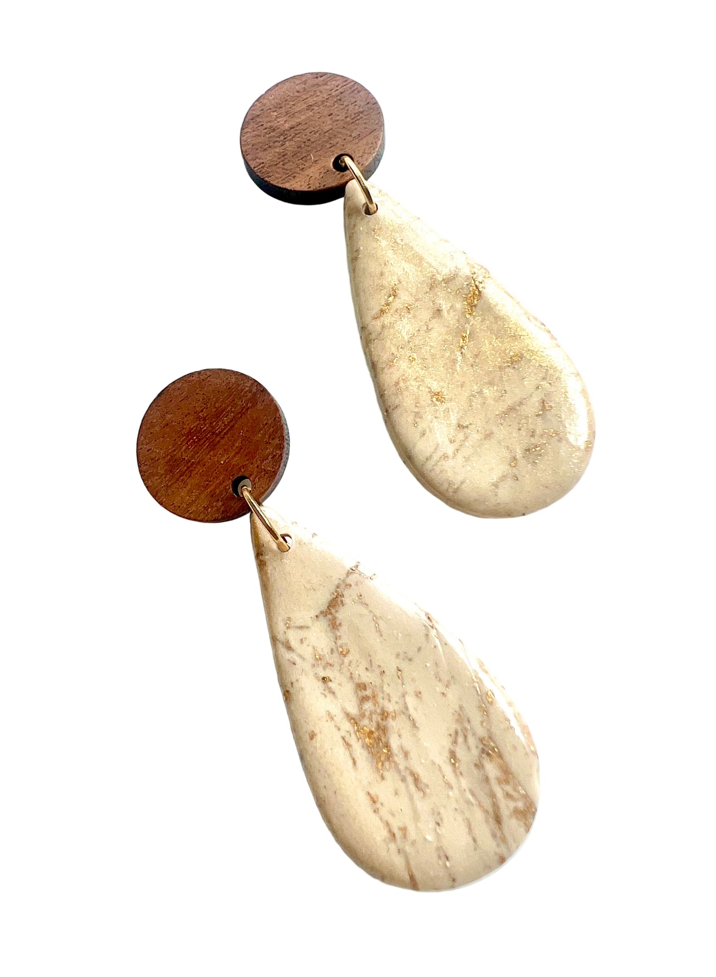Faux Marble Dangles in Beige Gold with Walnut Wood Studs
