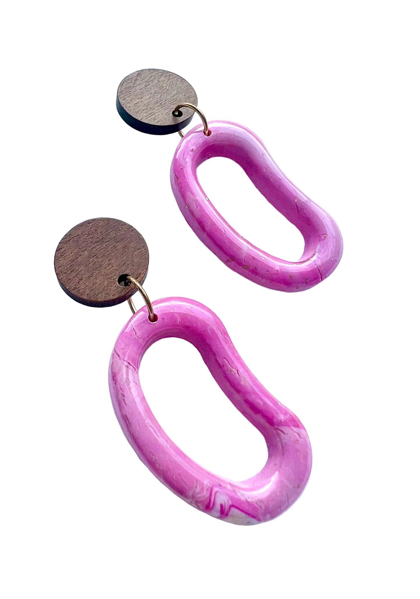 Glossy Pink Dangles with Walnut Wood Studs