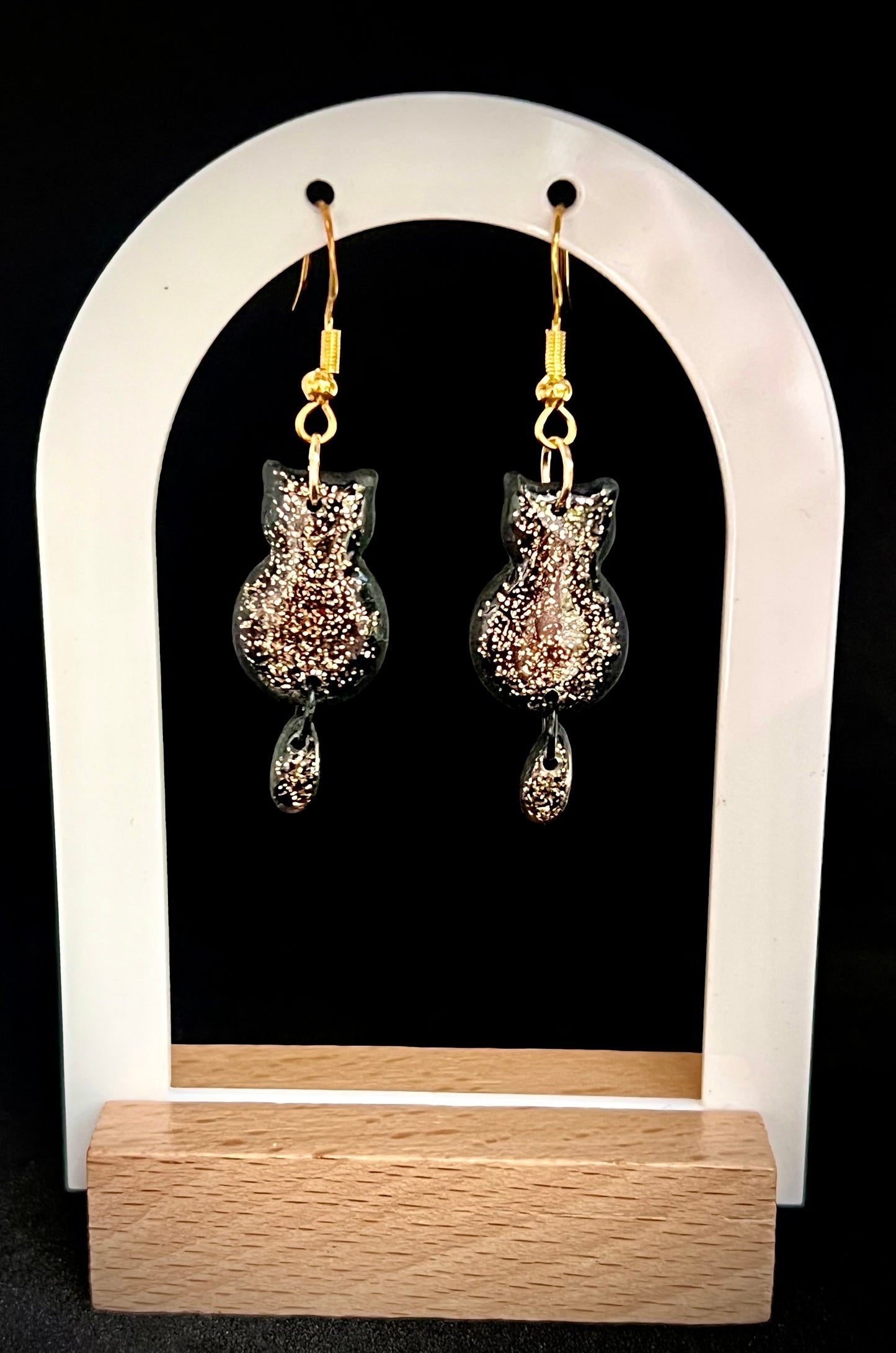 Halloween Black Cat Dangles with Gold Glitter