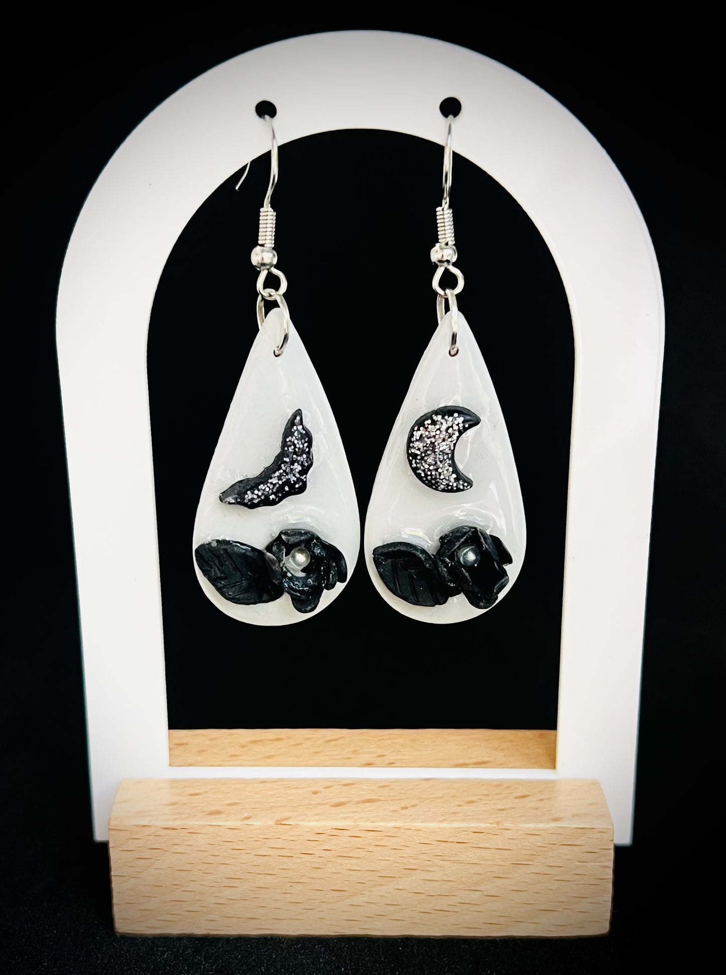 Halloween Dangles in Grey with Bat and Moon Details