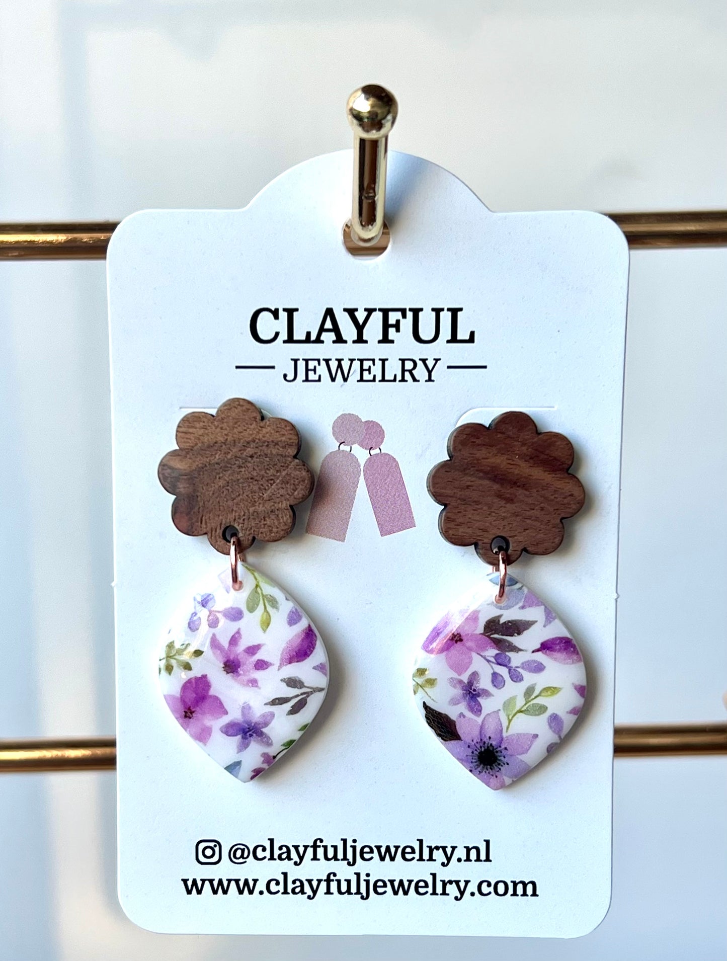 Floral Dangle Earrings with Flower Wood Stud