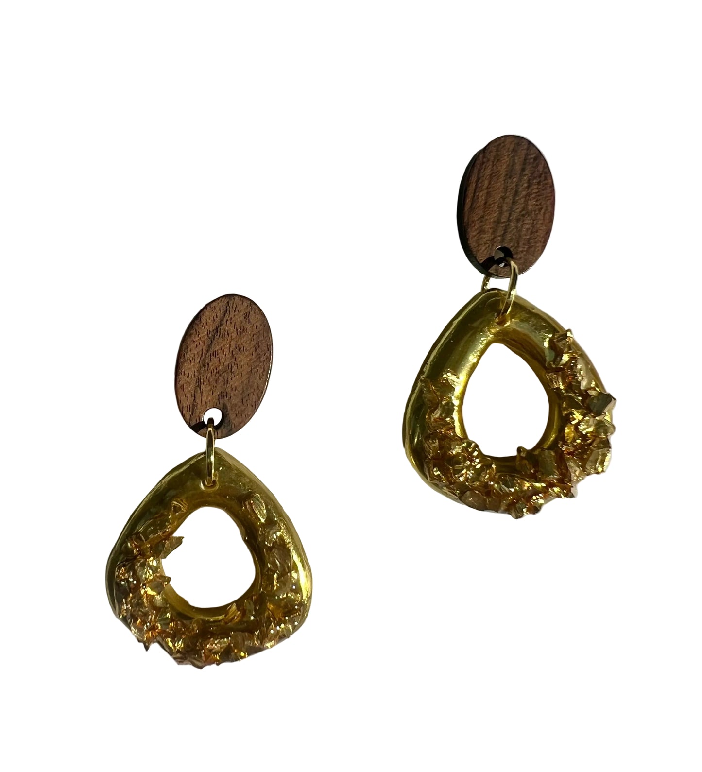 Dangle Earrings with Wood Stud and Gold Crushed Glass Effects