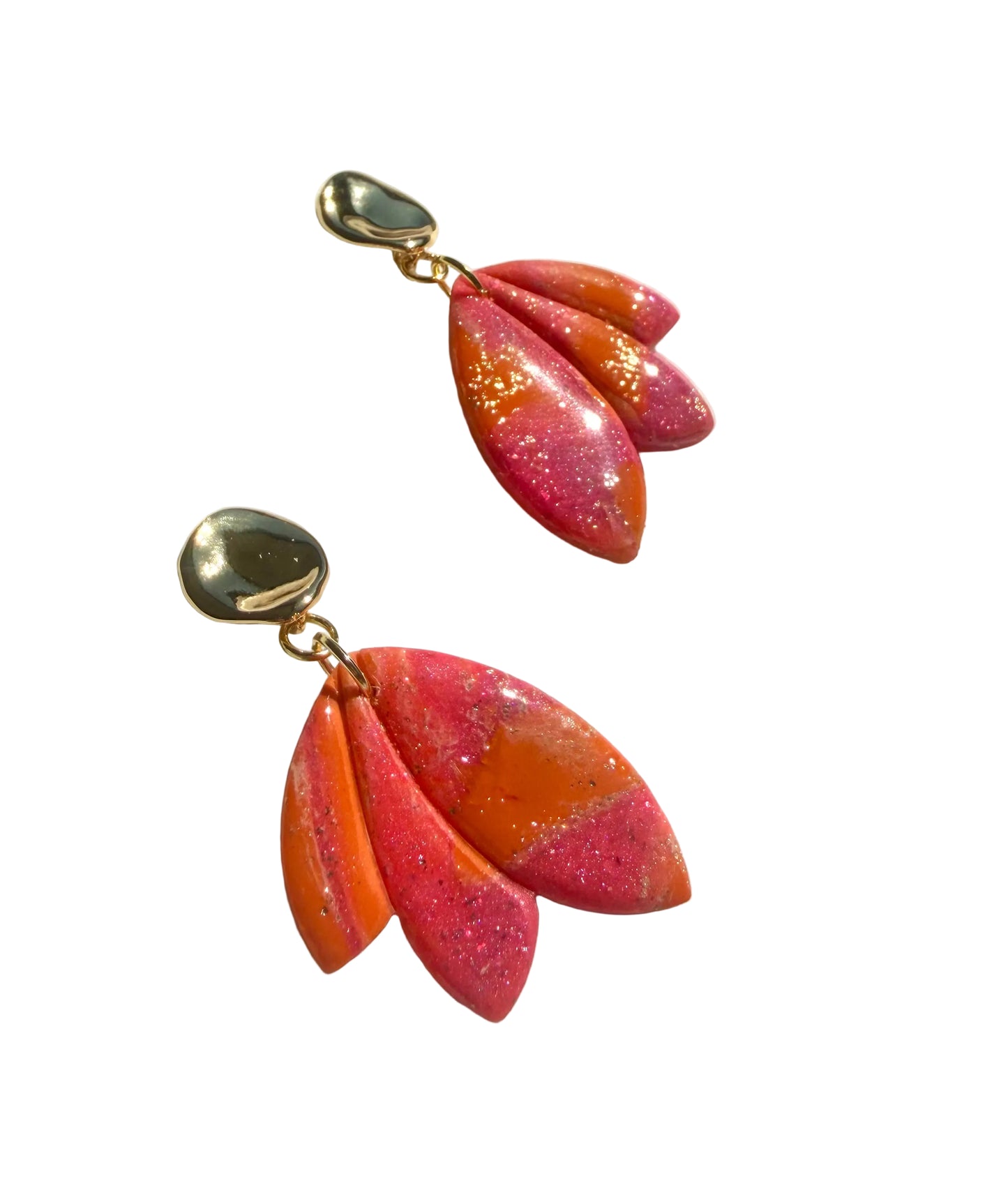 Dangle Earrings in Orange and Pink with a touch of Gold Glitter