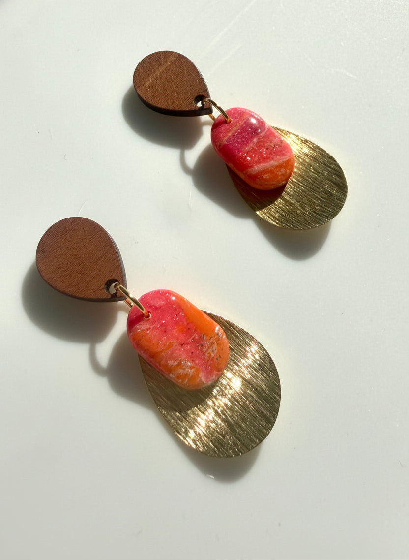 Dangles in Orange and Pink with Walnut Wood Studs