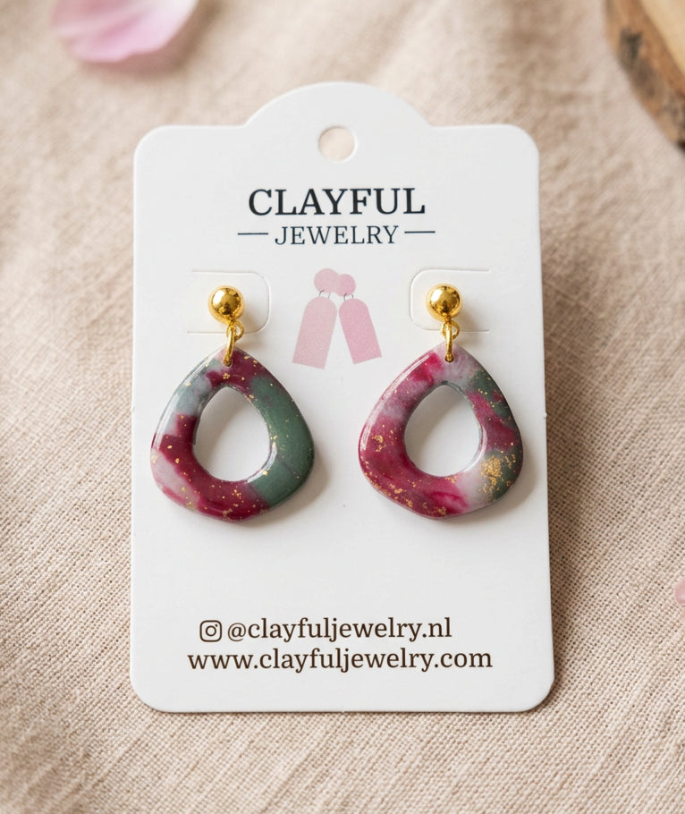 Dangle Earrings in Faux Green/Pink Marble