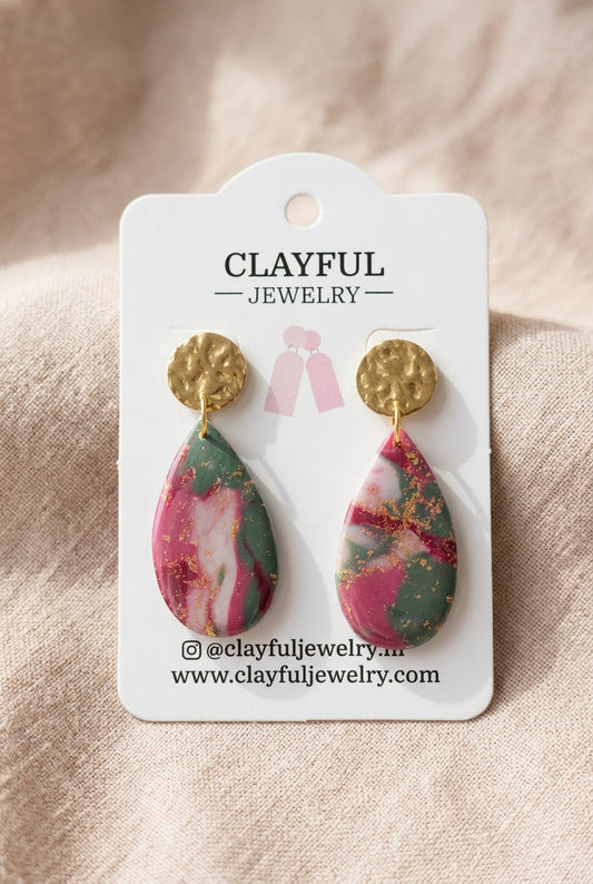 Dangle Earrings in Faux Green and Pink Marble