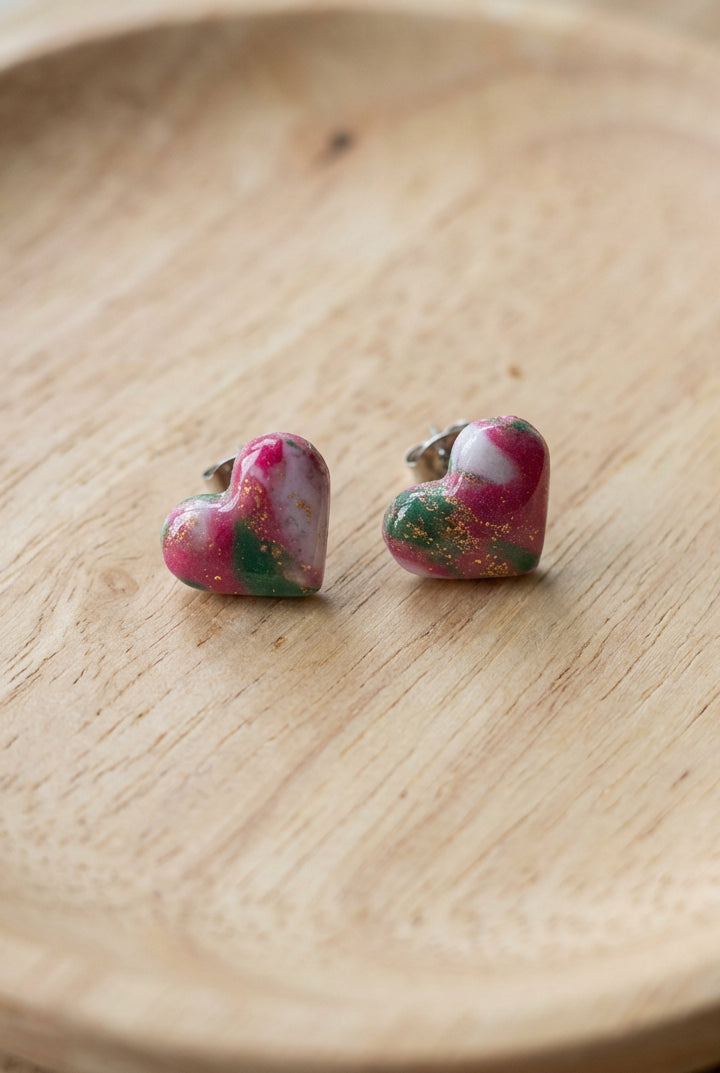 Little Heart Studs in Faux Green/Pink Marble